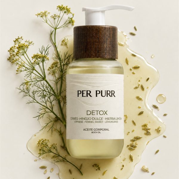 Aceite corporal Detox de Per Purr con hinojo y aceite sobre fondo claro