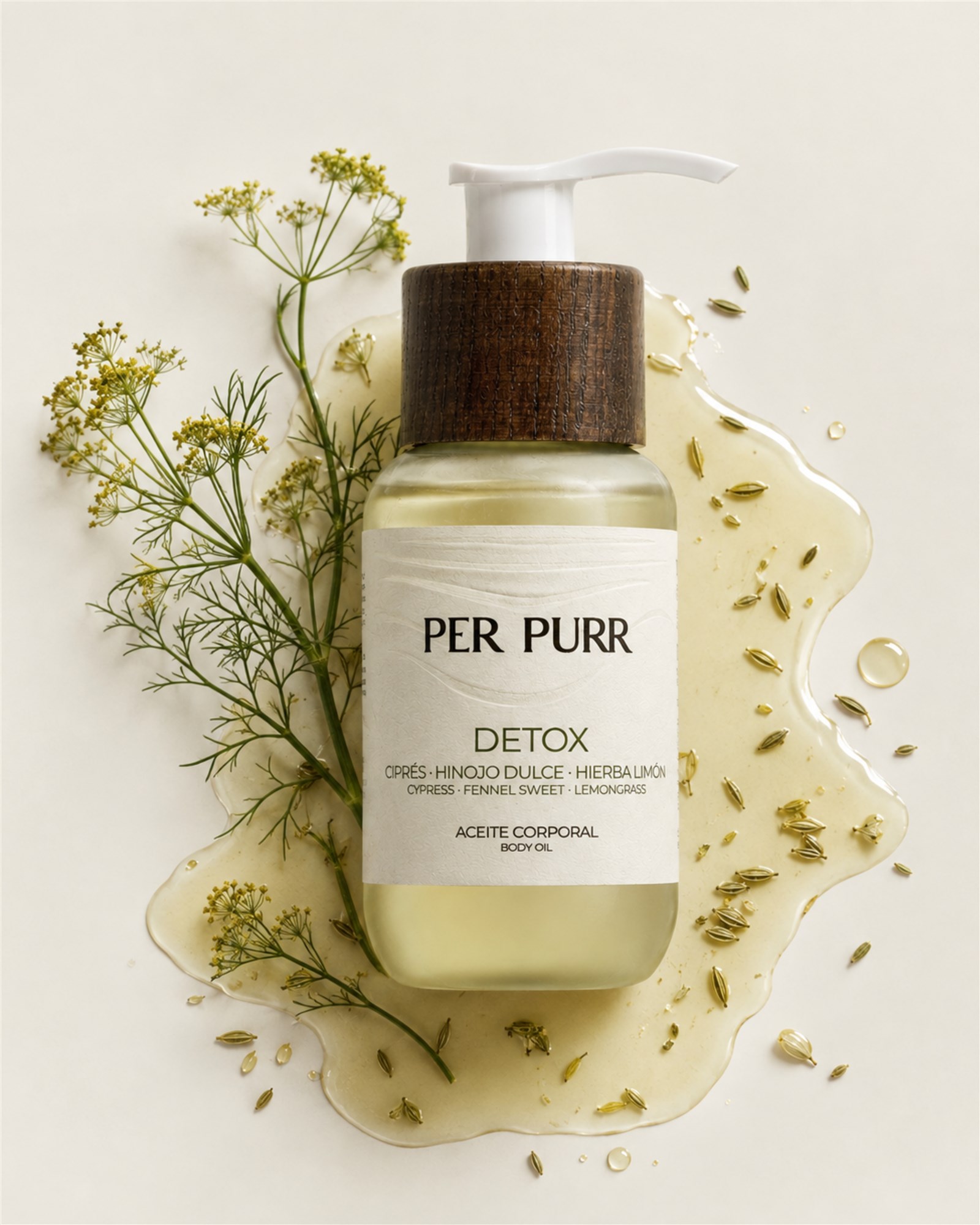 Aceite corporal Detox de Per Purr con hinojo y aceite sobre fondo claro